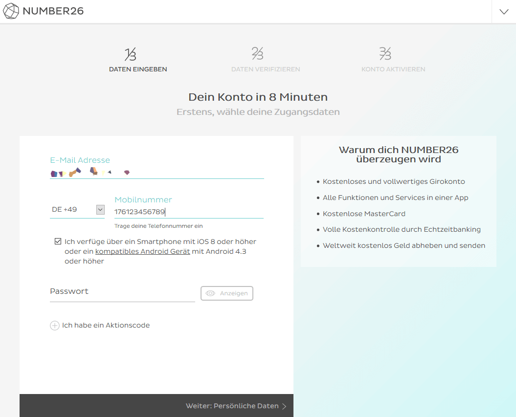 Kontoeröffnung N26 Schritt 1